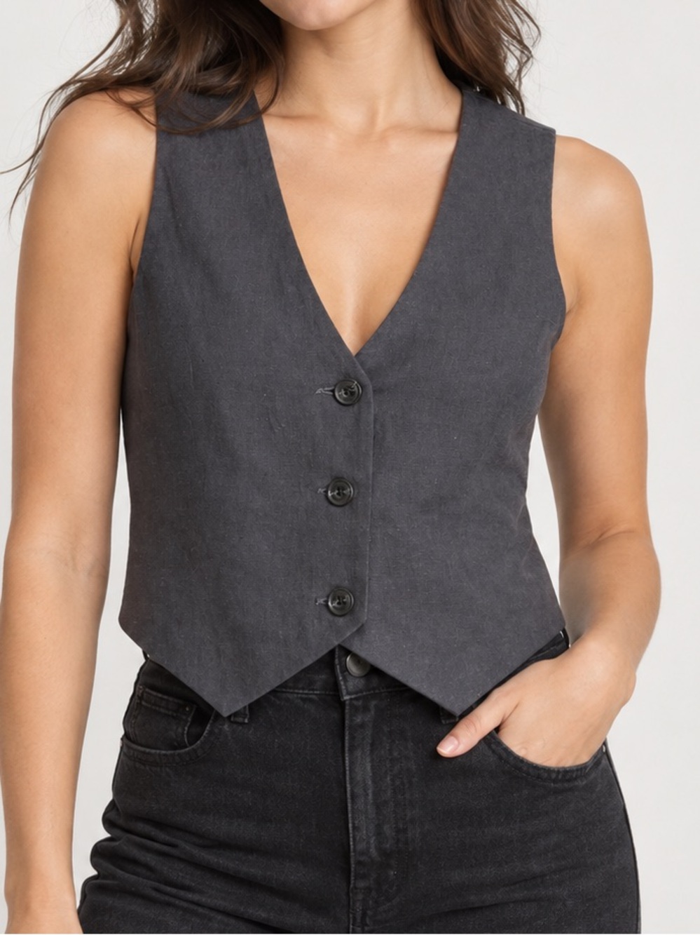 American Eagle Linen Blend Tailored Button Front Vest Gray Size Small